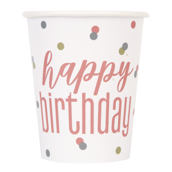 Pack of 8 Glitz Rose Gold Birthday 9oz Paper Cups