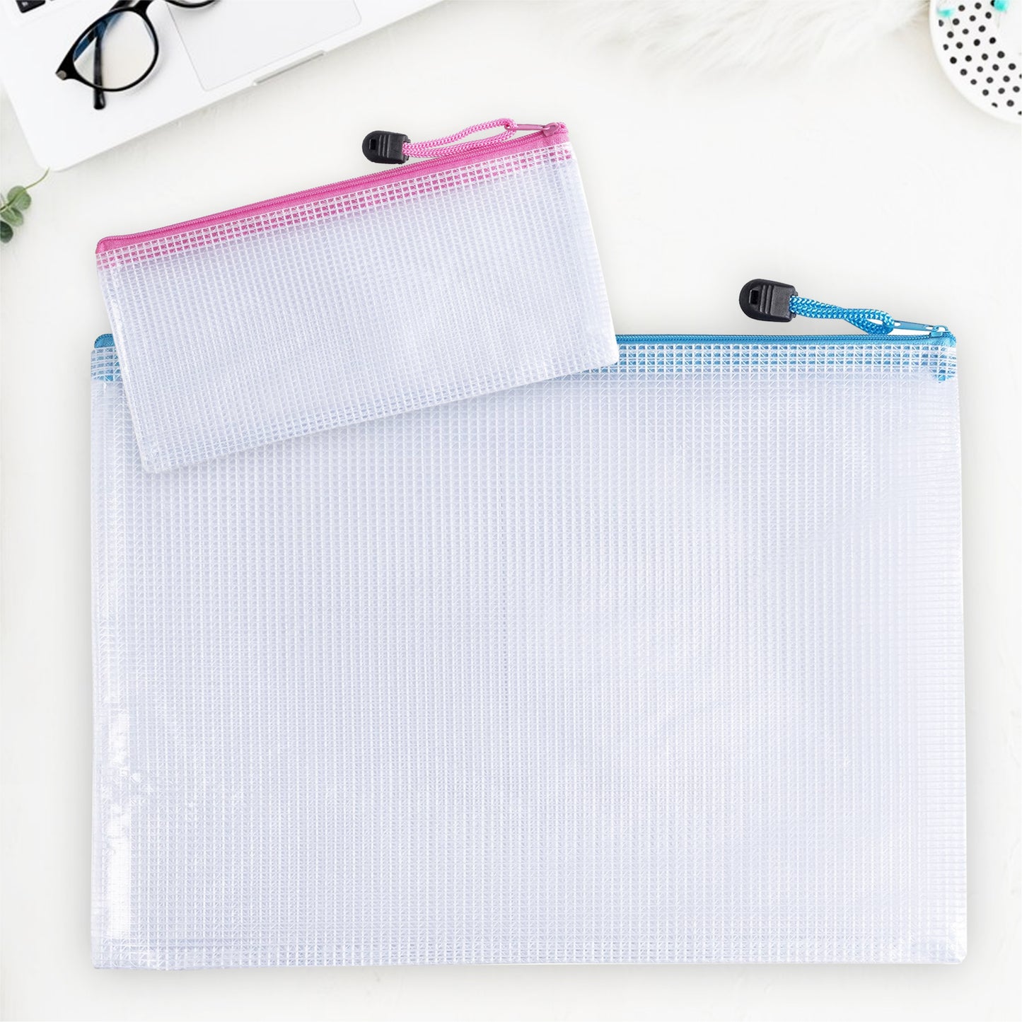 Pack of 12 DL Light Blue PVC Mesh Zip Bags