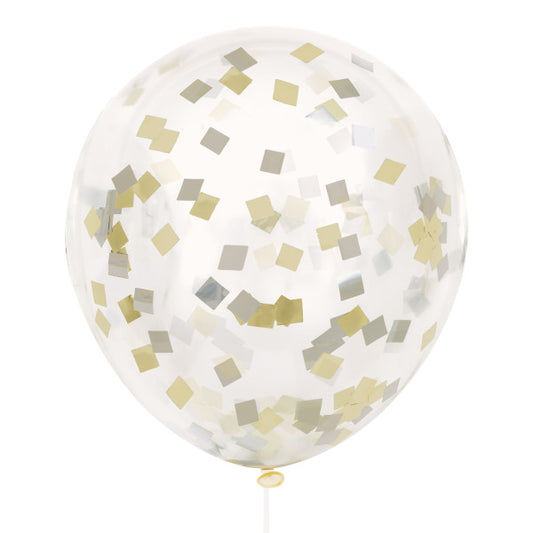 Pack of 6 Clear Latex 12" Balloons with Gold & Silver Foil Confetti