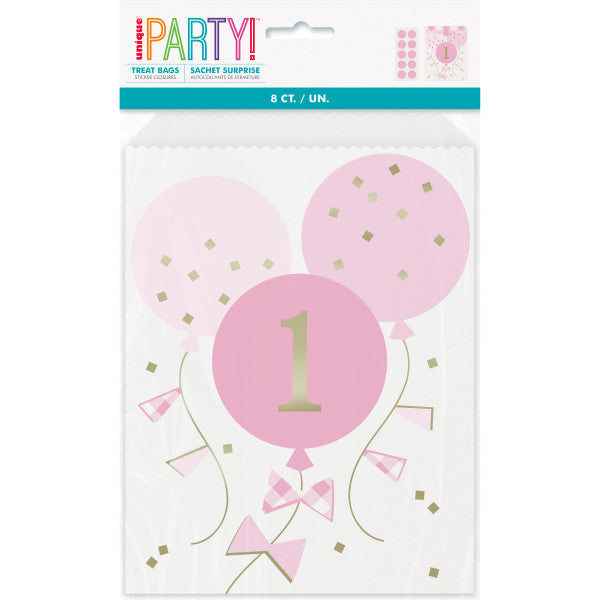 Pack of 8 Pink Gingham 1st Birthday Paper Treat Bags