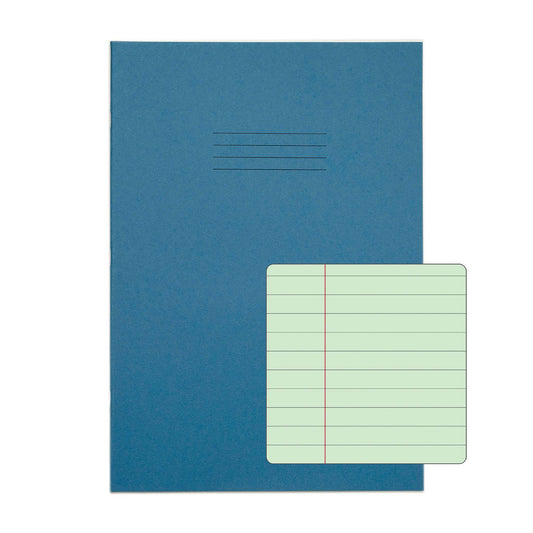 Rhino A4 48 Page Light Blue with Green Tinted Paper 8mm Lined with Margin Exercise Book