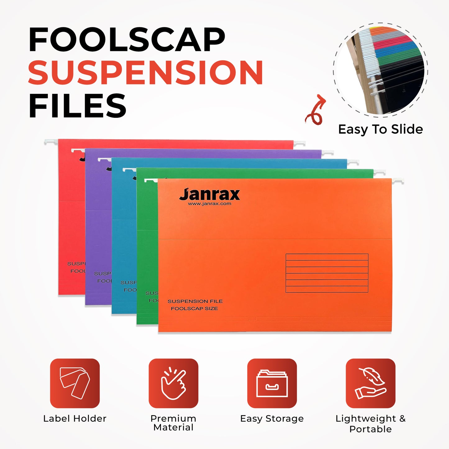 Pack of 50 Assorted Janrax Foolscap Suspension Files