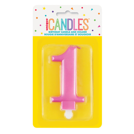 Metallic Pink Number 1 Birthday Candle