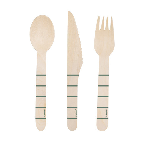 Pack of 12 Botanical Stripe Disposable Wooden Cutlery Set