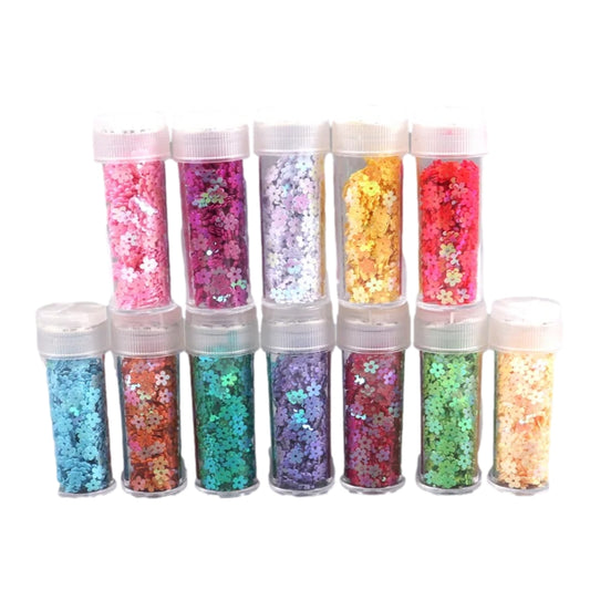 Pack of 12 Assorted Colors Cosmetic Puff Flower Shape Glitter 7g