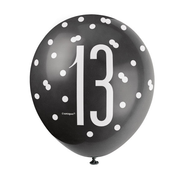 Pack of 6 Birthday Black Glitz Number 13 12" Latex Balloons