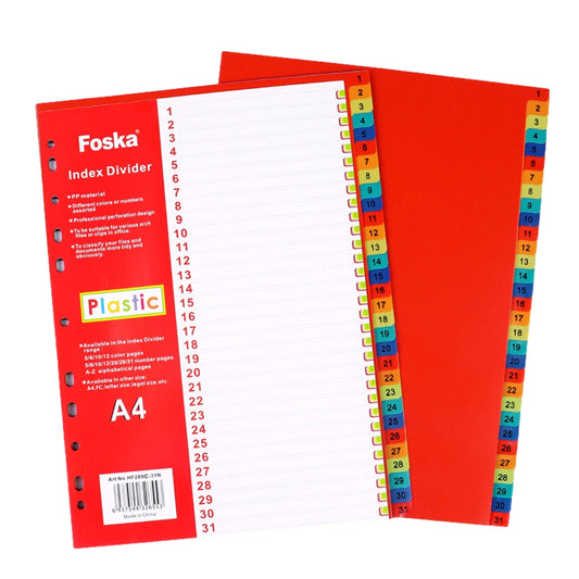 A4 Coloured Plastic 31 Part Tabbed Index Dividers - File