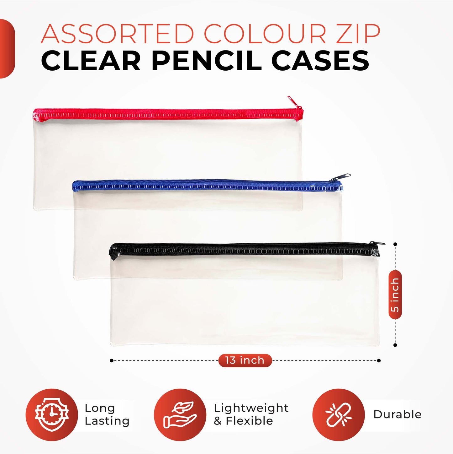 Janrax 13x5" Red Zip Clear Exam Pencil Case