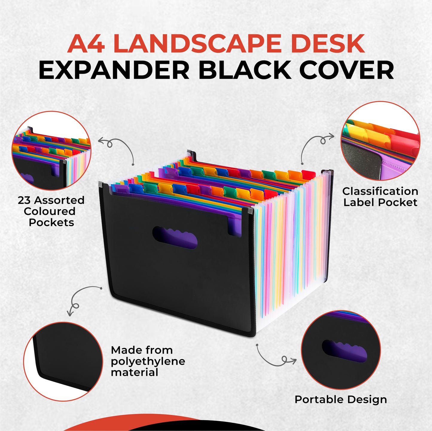 A4 Landscape Desk Expander Black Cover with 23 Assorted Coloured Pockets