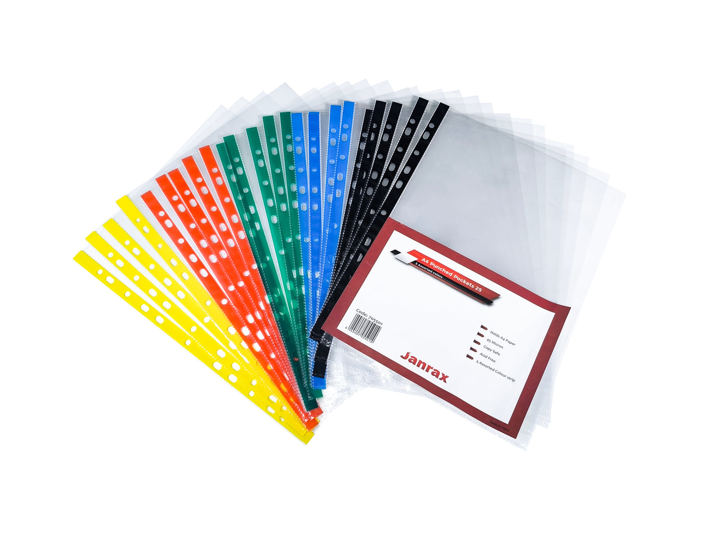 Pack of 25 A4 Punched Pockets with Assorted Coloured Reinforced Strip