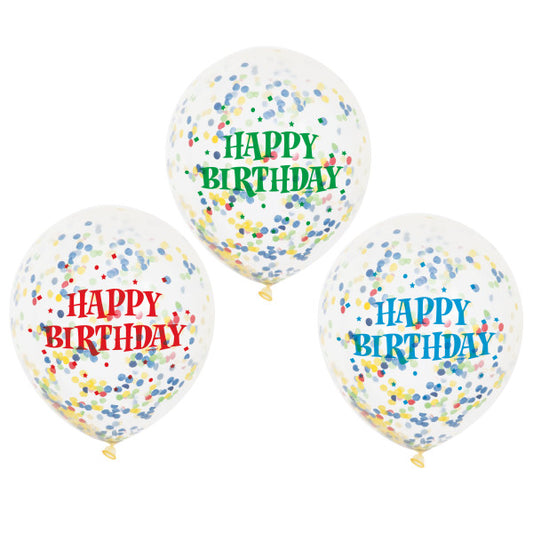 Pack of 6 Birthday Clear Latex Balloons with Bright Confetti 12"