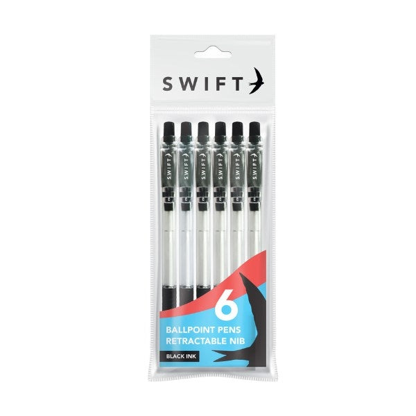 Pack of 6 Black Retractable Ballpoint Pens