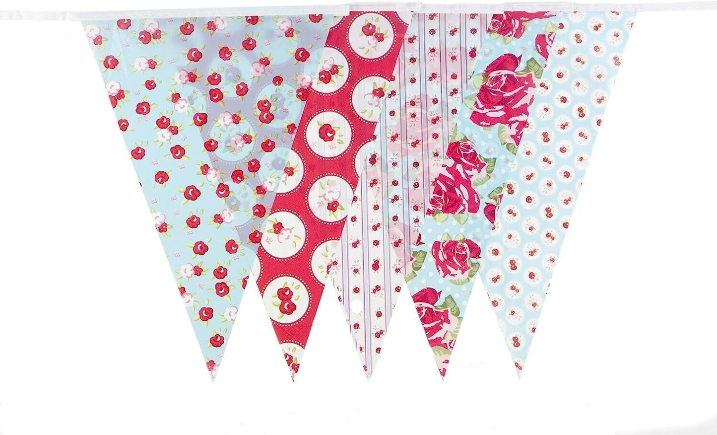 Red and Baby Blue Shabby Chic Vintage Print Bunting 10m with 20 Pennants