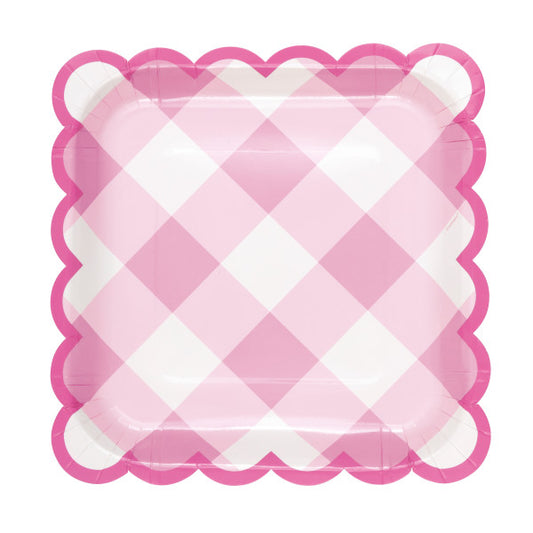 Pack of 8 Pastel Gingham Scalloped Edge Square 9" Dinner Plates