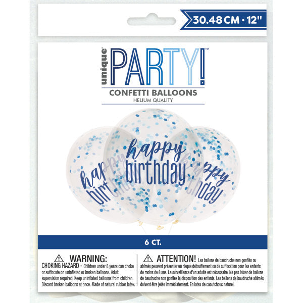 Pack of 6 12" Clear Printed Glitz "Happy Birthday" Balloons with Confetti, Blue & Silver