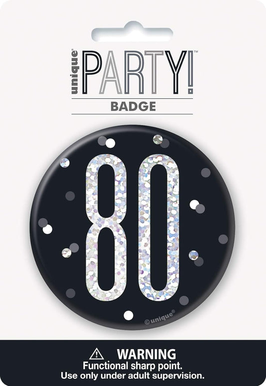 Glitz Black & Silver Birthday Badge 80