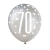 Pack of 6 Birthday Glitz Black, Silver, & White Number 70 12" Latex Balloons