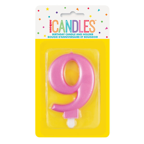 Metallic Pink Number 9 Birthday Candle