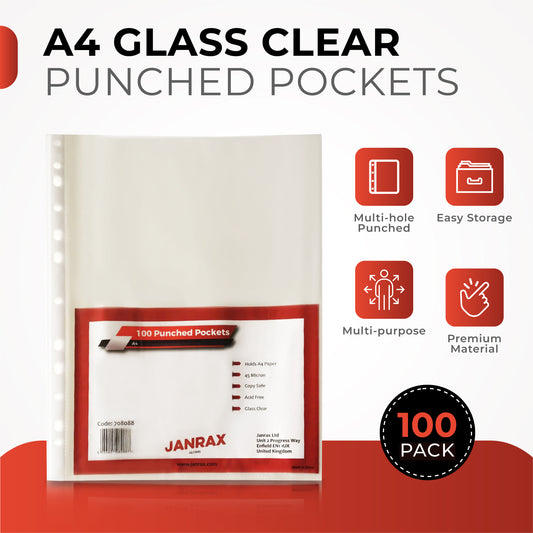 Pack of 100 A4 Glass Clear Punched Pockets by Janrax