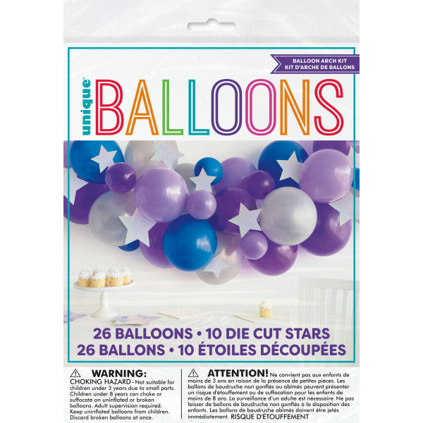 Assorted Lavender, Purple, Royal Blue, & Silver Balloon Arch Kit With Diecut Stars