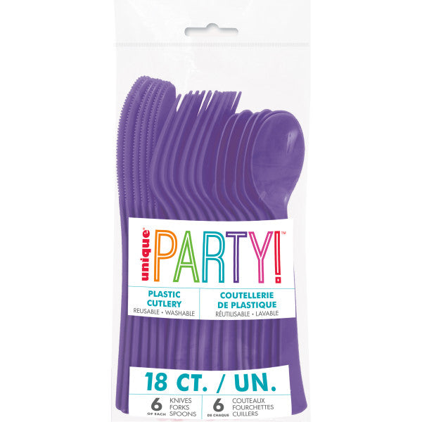 Pack of 18 Neon Purple Solid Assorted Plastic Cutlery