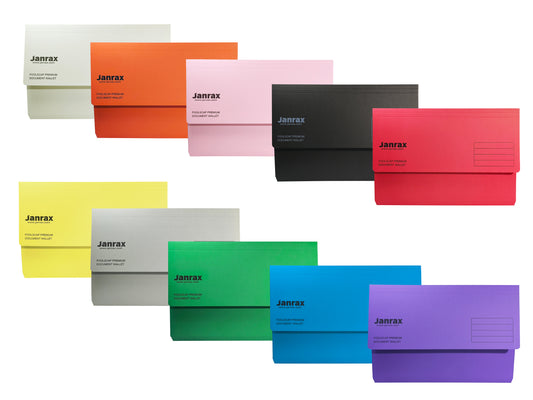 Pack of 10 Assorted Coloured Card Premium Foolscap Document Wallets