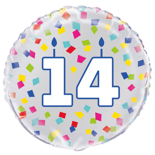 Rainbow Confetti Birthday Number 14 Round Foil Balloon 18"