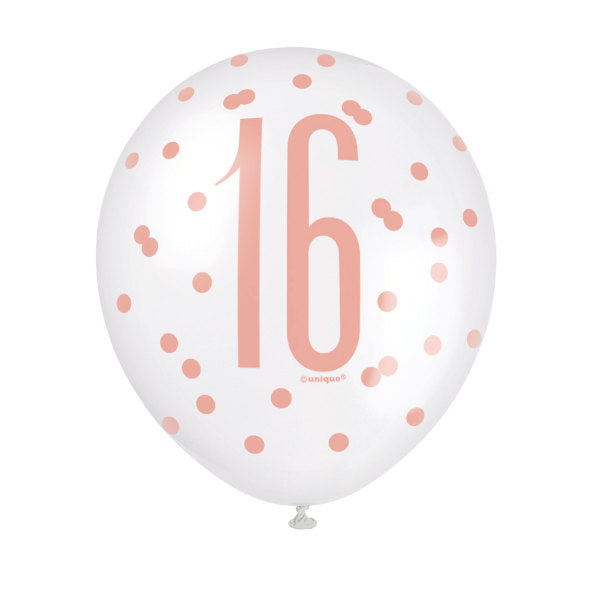 Pack of 6 12" Birthday Rose Gold Glitz Number 16 Latex Balloons