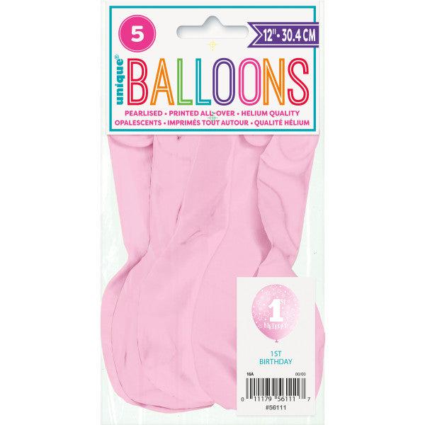 Pack of 5 Pink 1st Birthday 12" Latex Balloons