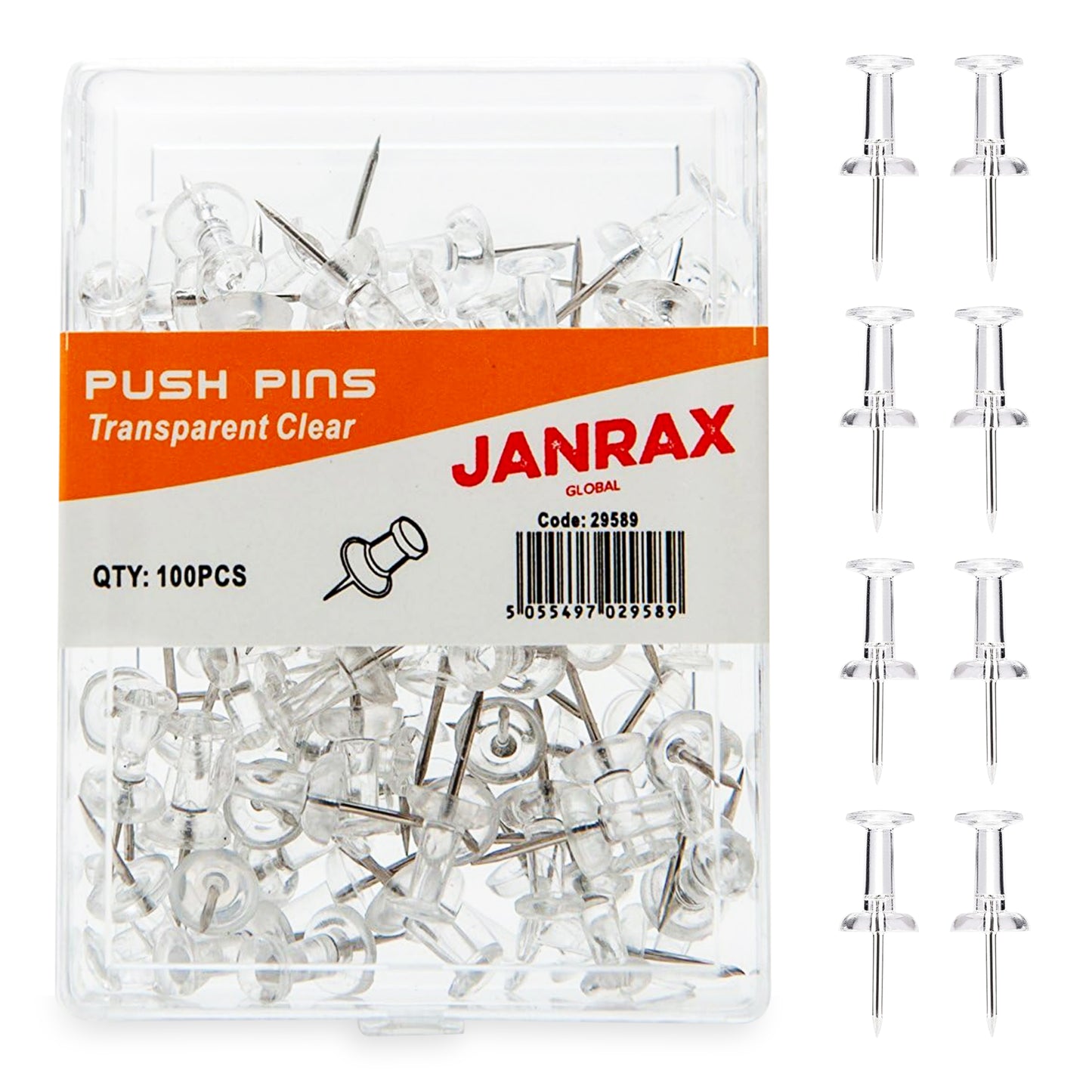 Pack of 100 Janrax Clear Transparent Push Pins