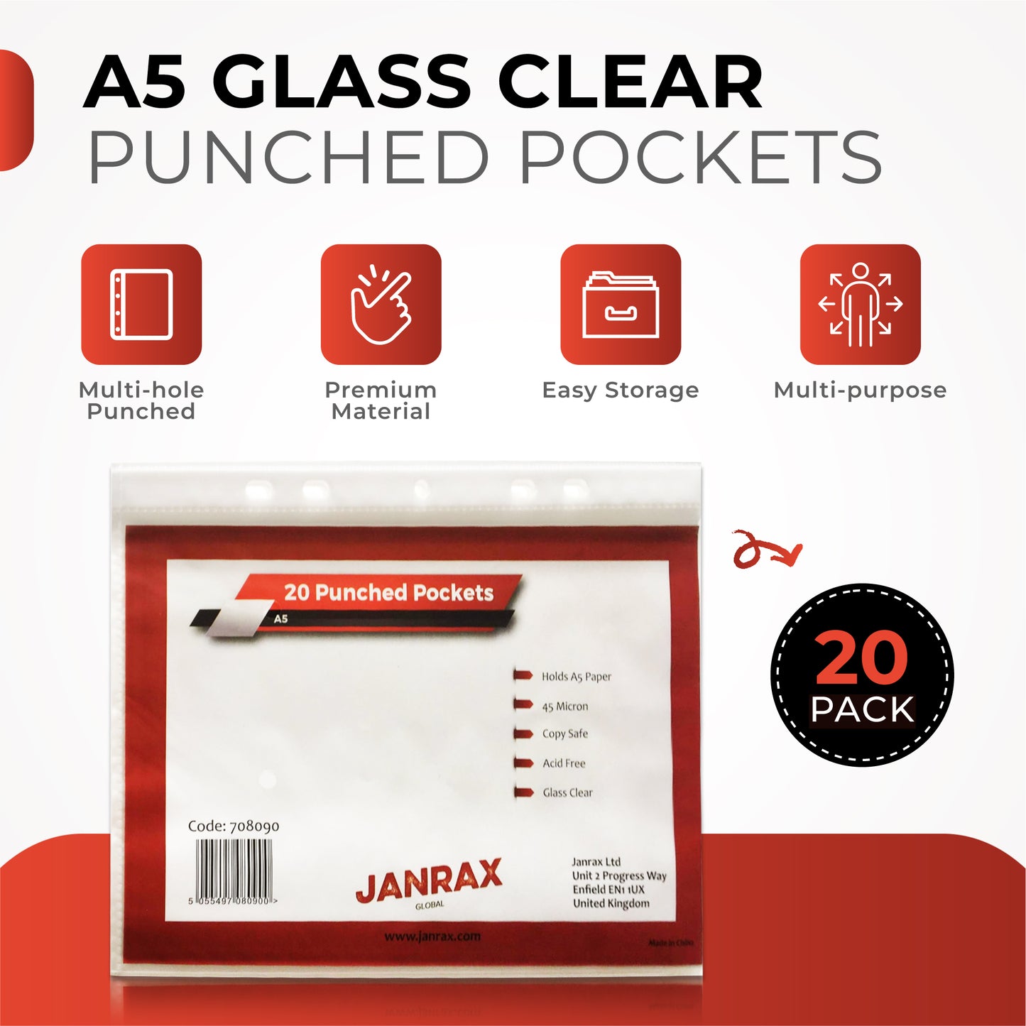 Pack of 100 A5 Glass Clear Punched Pockets by Janrax