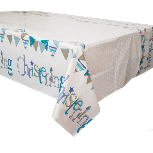 Blue Bunting Christening Rectangular Plastic Table Cover, 54"x84"