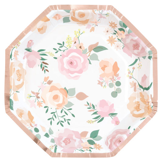 Pack of 8 Pink Blooms Octagon Shaped 8.25" Plates with Foil Stamping