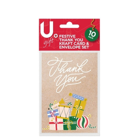 Pack of 10 Festive Kraft Designs Christmas Thank You Card and Envelope Set