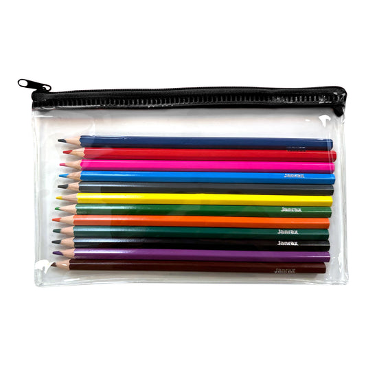 Pack of 12 Colouring Pencils in Black Zip Clear Pencil Case