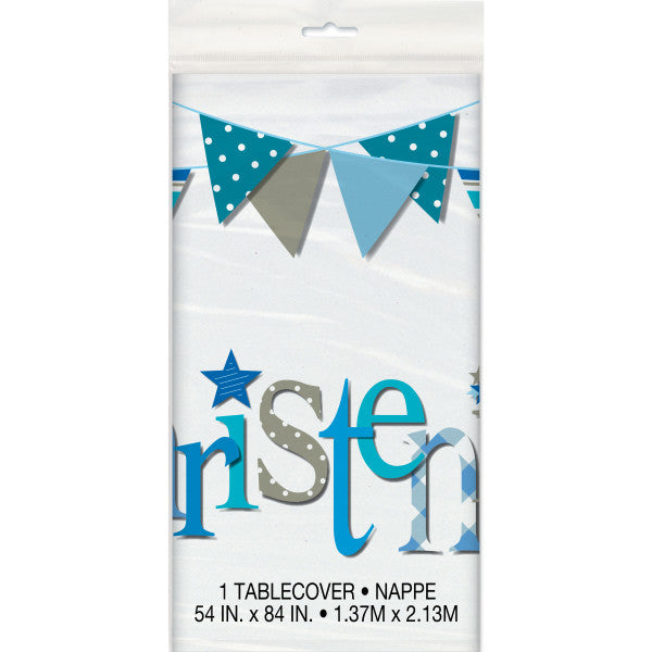 Blue Bunting Christening Rectangular Plastic Table Cover, 54"x84"