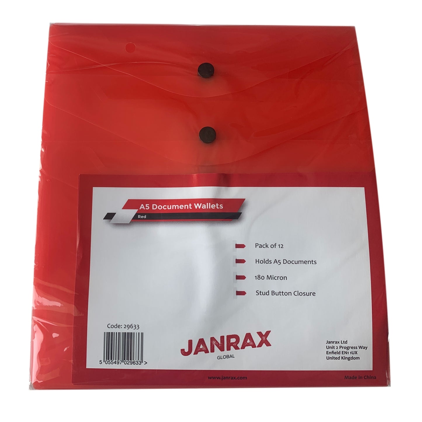 Pack of 12 A5 Red Document Wallets by Janrax