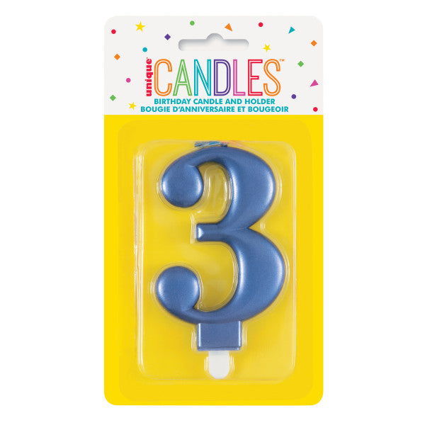 Metallic Blue Number 3 Birthday Candle