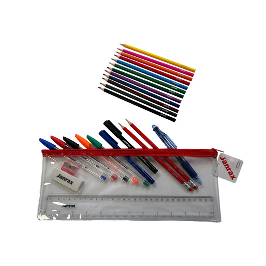 Stationery Filled Red Zip 13x5" Pencil Case with Colouring Pencils