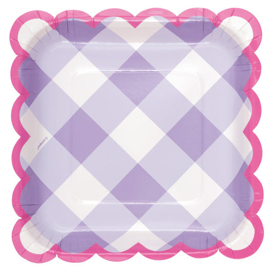 Pack of 8 Pastel Gingham Scalloped Edge Square 7" Dessert Plates