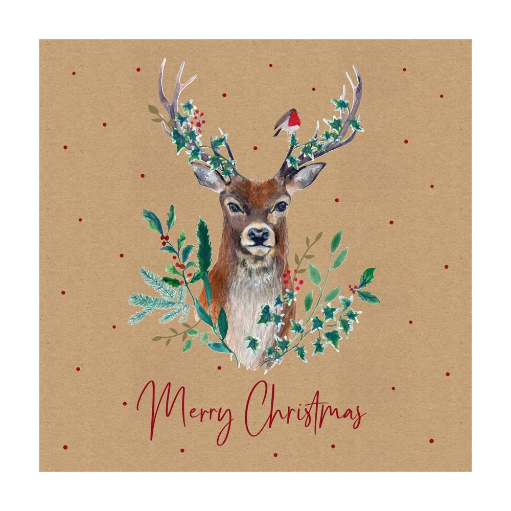 Pack of 12 Stag Brown Kraft Christmas Box Cards