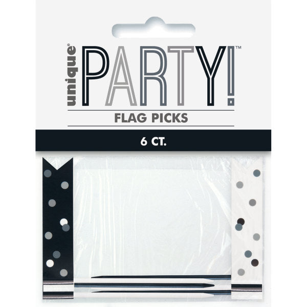 Pack of 6 Birthday Black Glitz Flag Picks