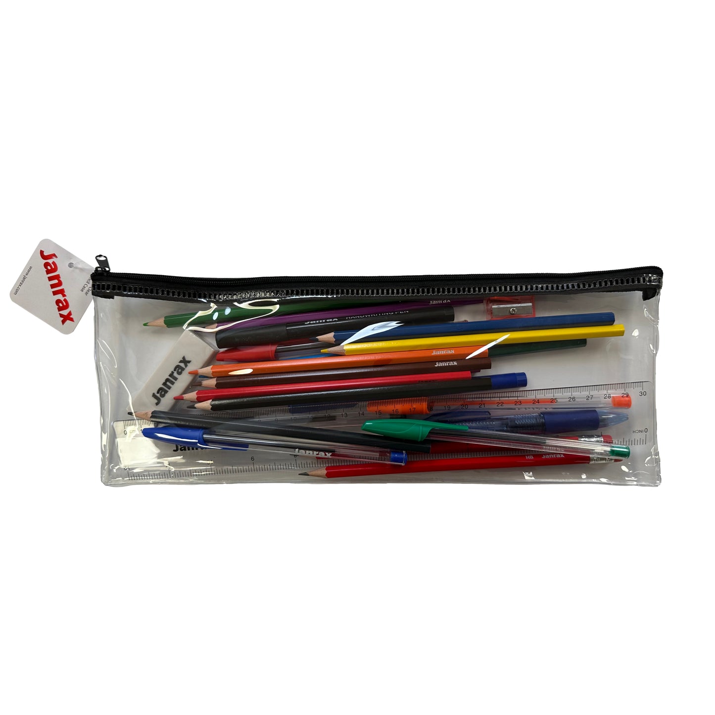 Stationery Filled Black Zip 13x5" Pencil Case with Colouring Pencils