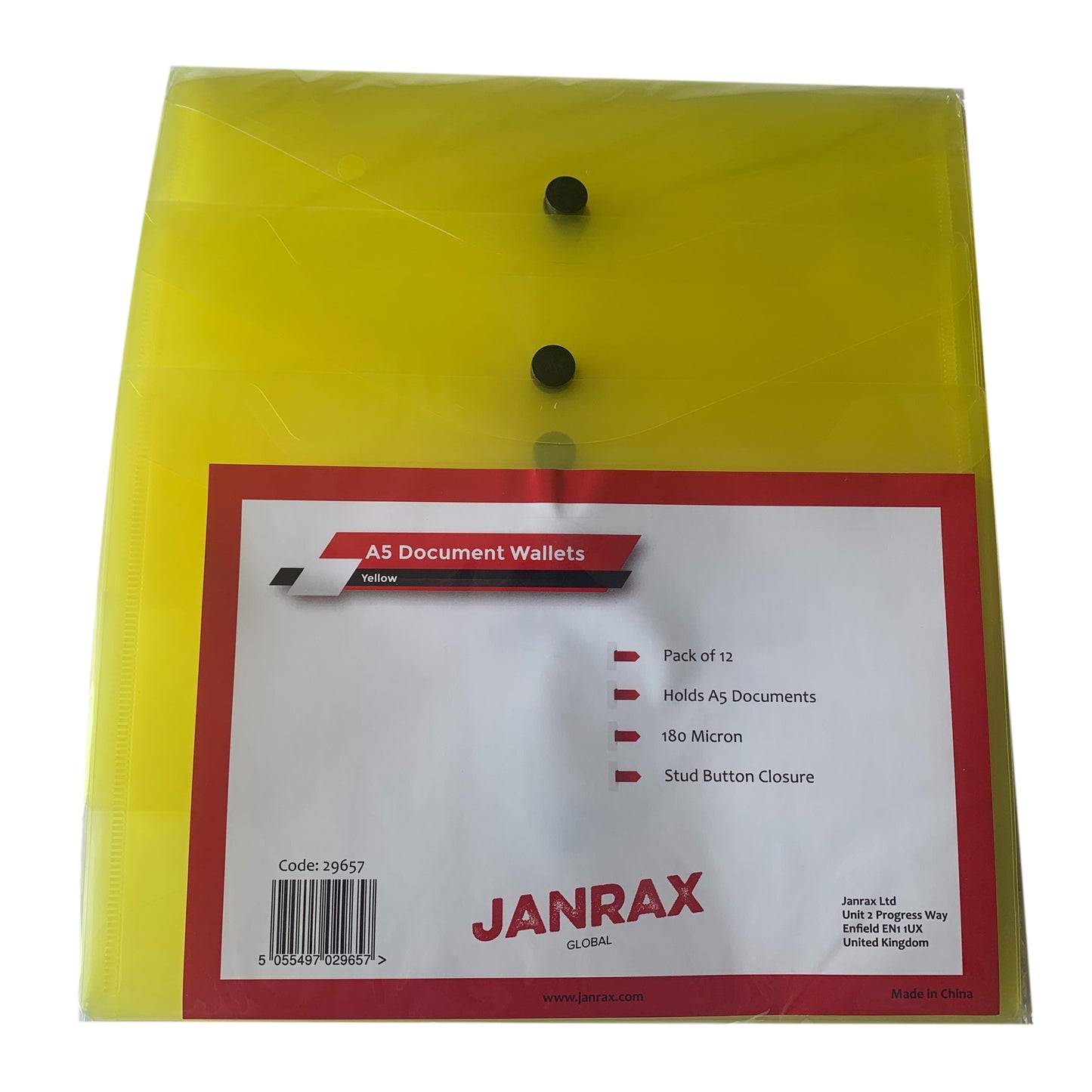 Pack of 12 A5 Yellow Document Wallets by Janrax