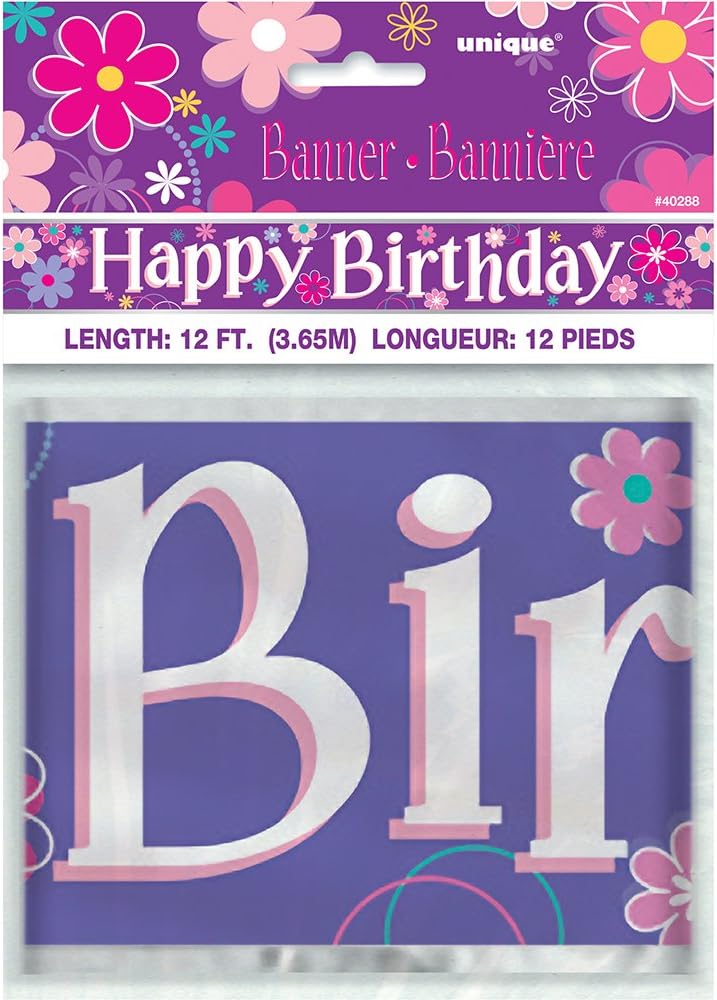 12ft Long Fold Foil Purple Birthday Blossoms Banner