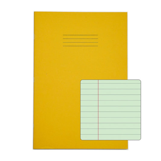 Rhino A4 48 Page Yellow with Green Tinted Paper 8mm Lined with Margin Exercise Book