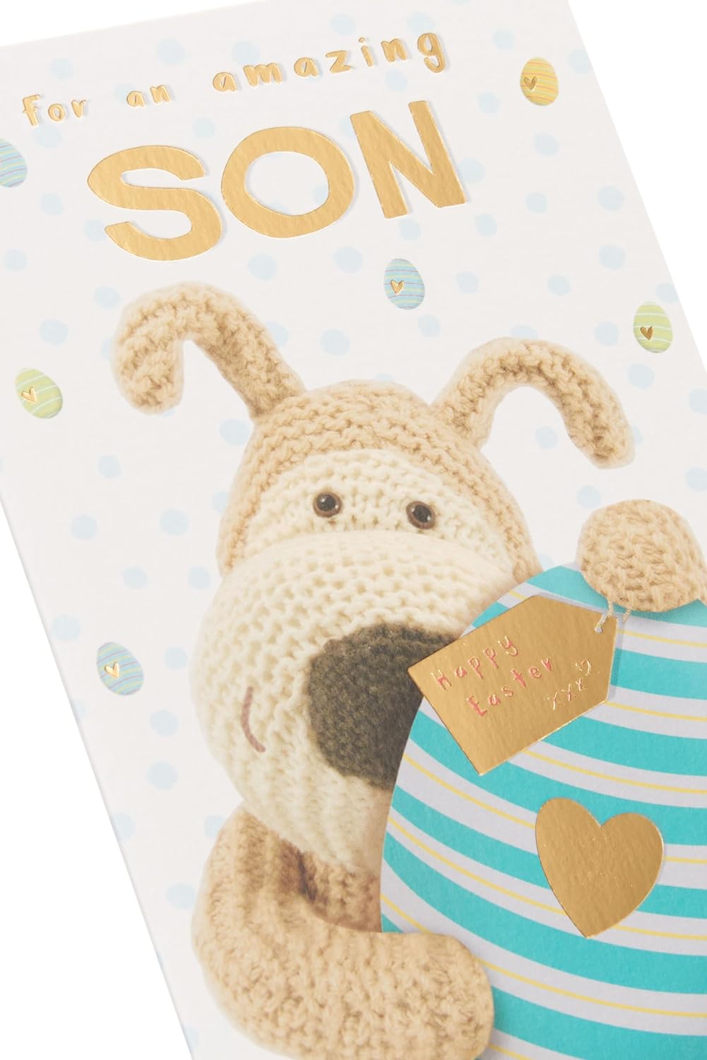 For A Amazing Son Boofle Blue Stripe Egg Design Easter Card