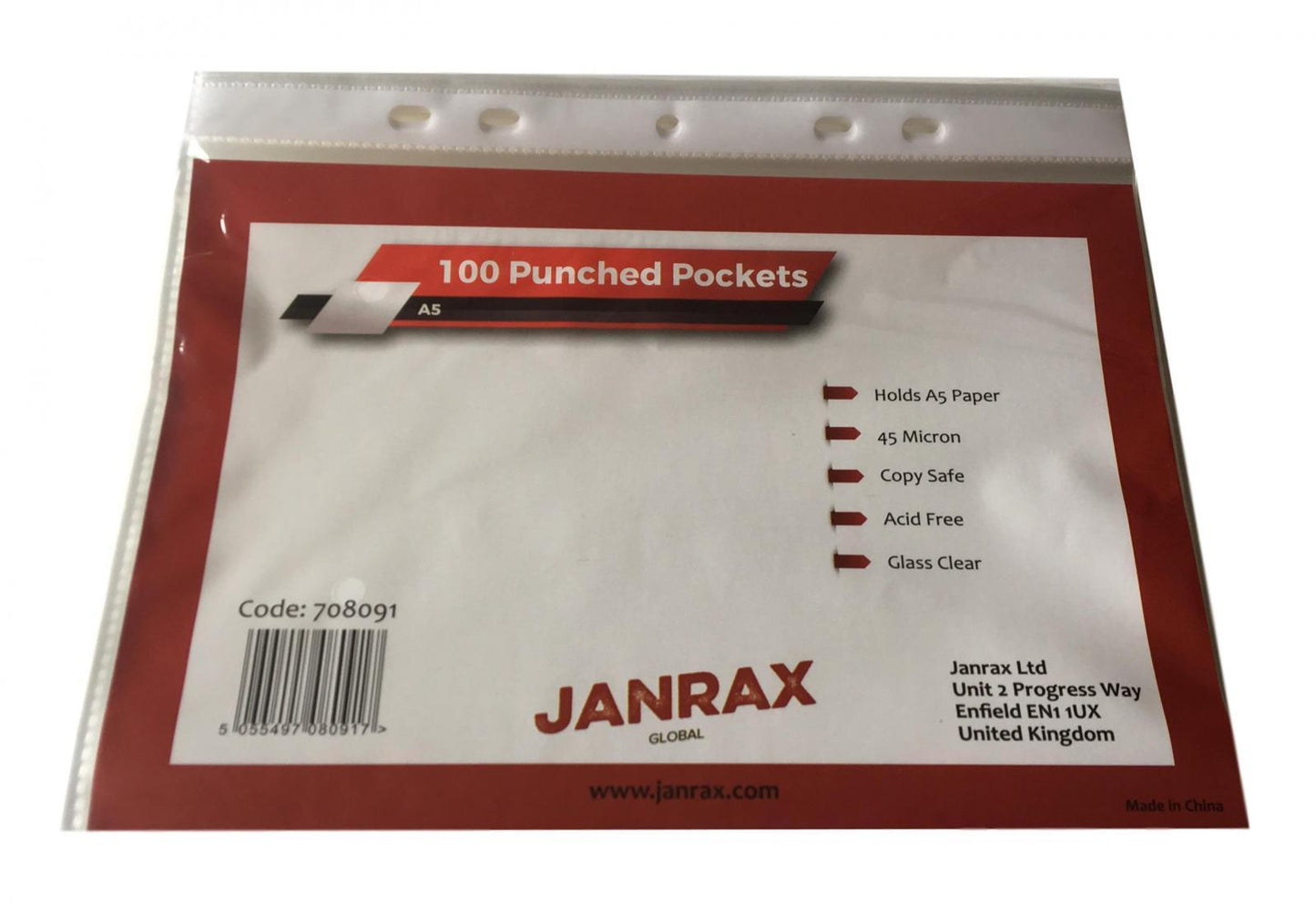 Pack of 100 A5 Glass Clear Punched Pockets by Janrax