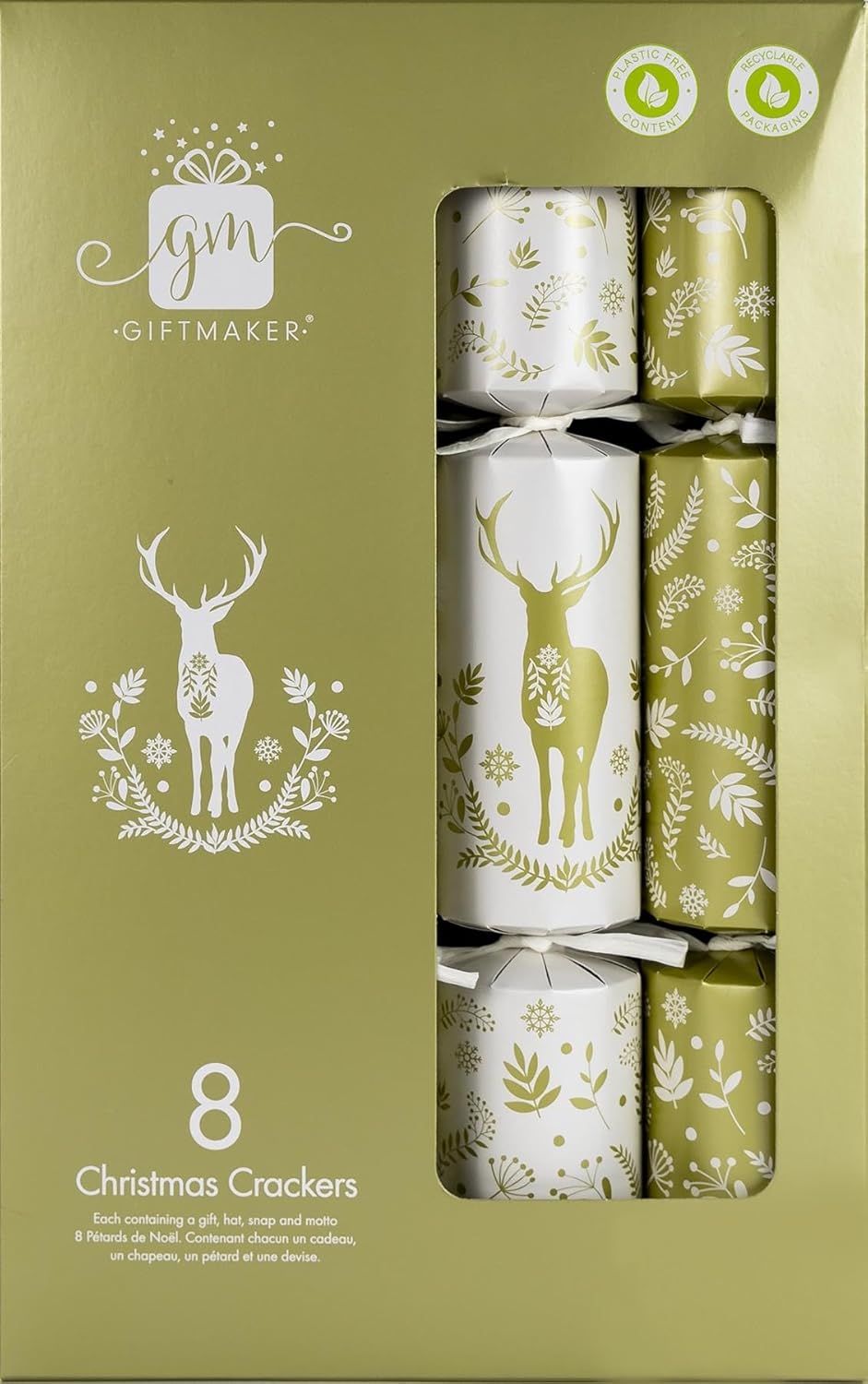 Pack of 8 12" Cream & Gold Stag Design Christmas Crackers