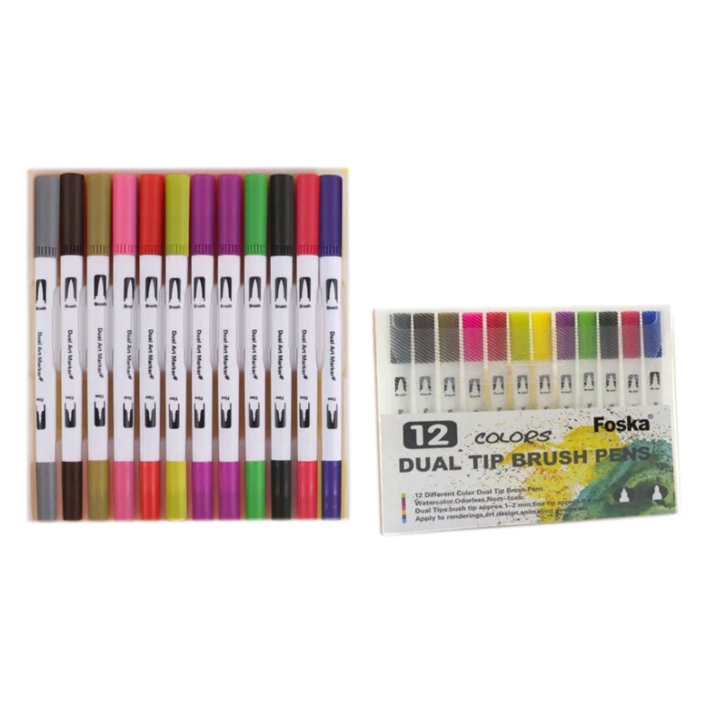 Pack of 12 Assorted Colour Dual Tip Brush Pens